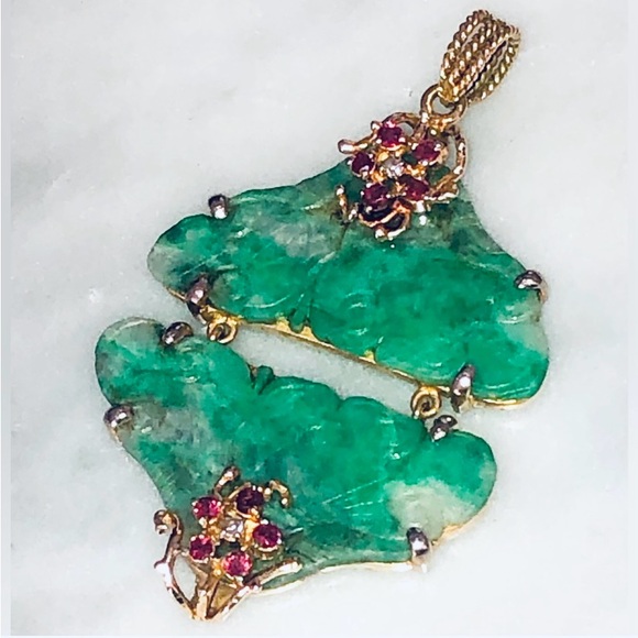 Antique 14k Gold Apple Jade, Ruby, Diamond Pendant - Picture 1 of 4